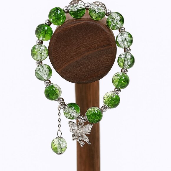 Green Beaded Bracelet with Butterfly Charm - Picture 2 of 3